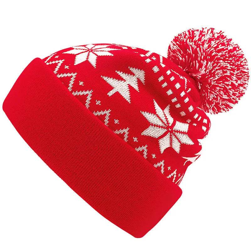 Jacquard Christmas Fluffy Ball Cap Thermal Head Cover Knitted Hat