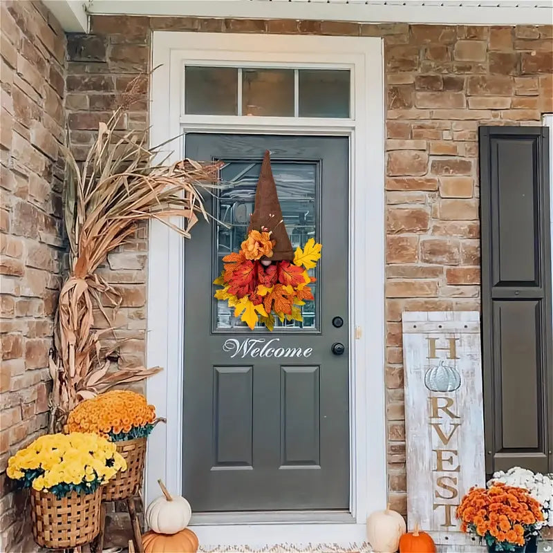 Halloween Front Door Wreath | Fall Gnome & Maple Leaf Design | 16-Inch Rustic Decor