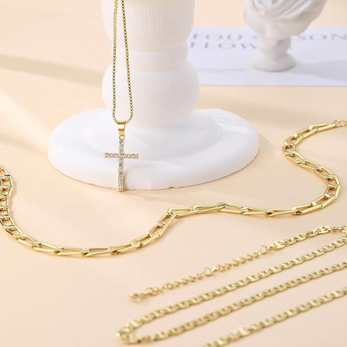 3pc 14k Layered Cross Necklace Stack