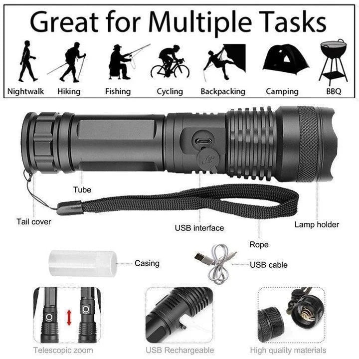 Rechargeable LED Flashlight with Zoom and Aluminum Housing
