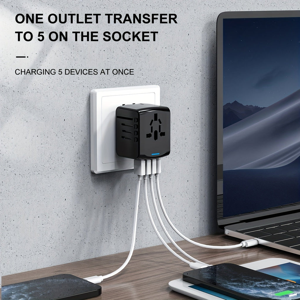 Universal Travel Adapter with 4 USB Ports and Type-C – Worldwide Compatibility, Fast Charging Safety Features