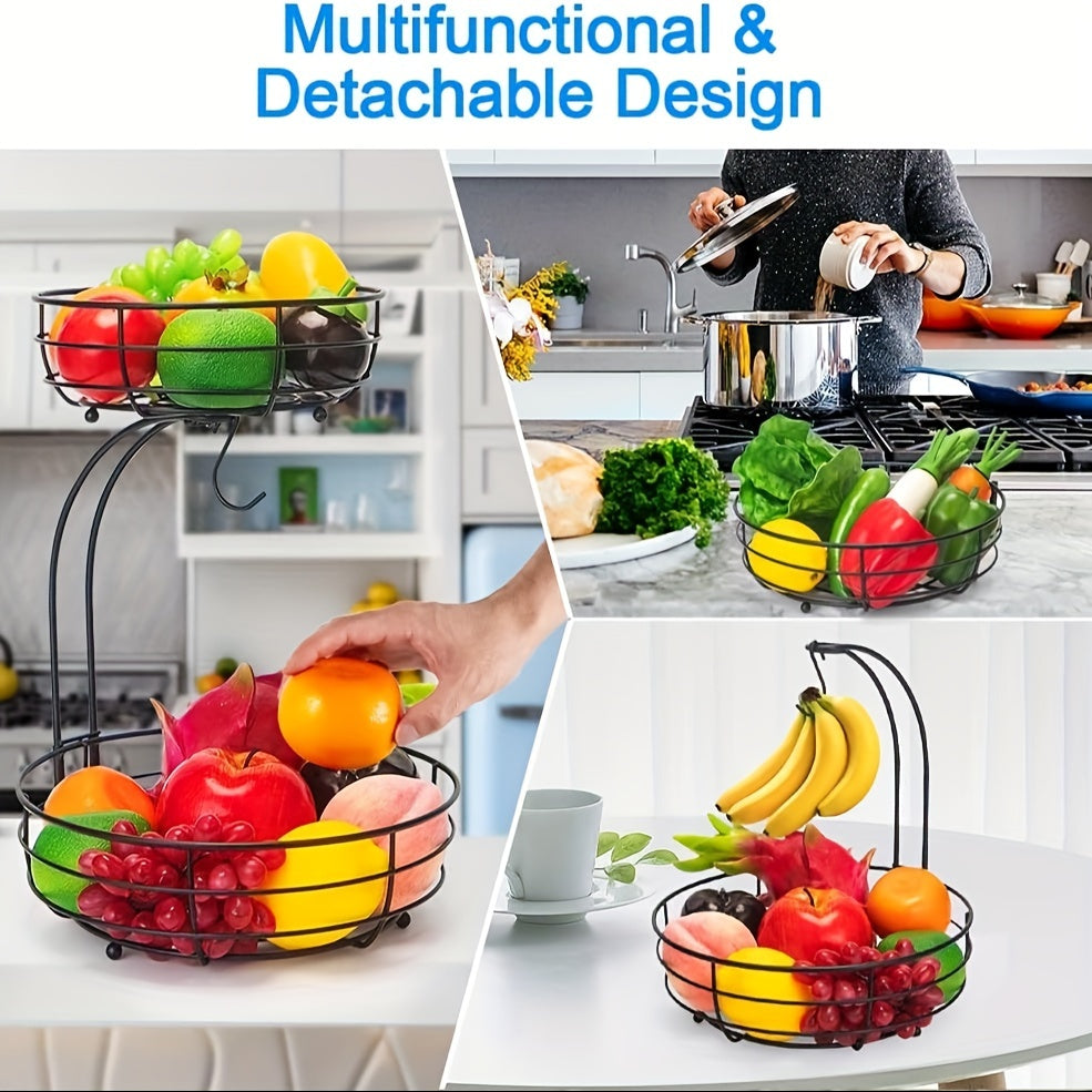 2-Layer Oval Fruit Basket with Banana Holder – Metal Kitchen Organizer