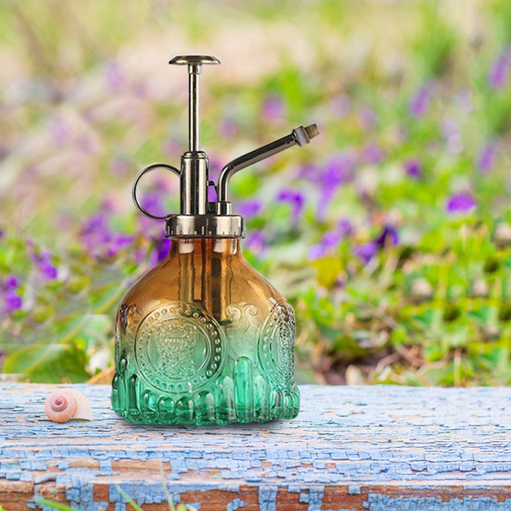 Embossed glass bottle with metal nozzle – Plant sprayer for flower watering in vintage design