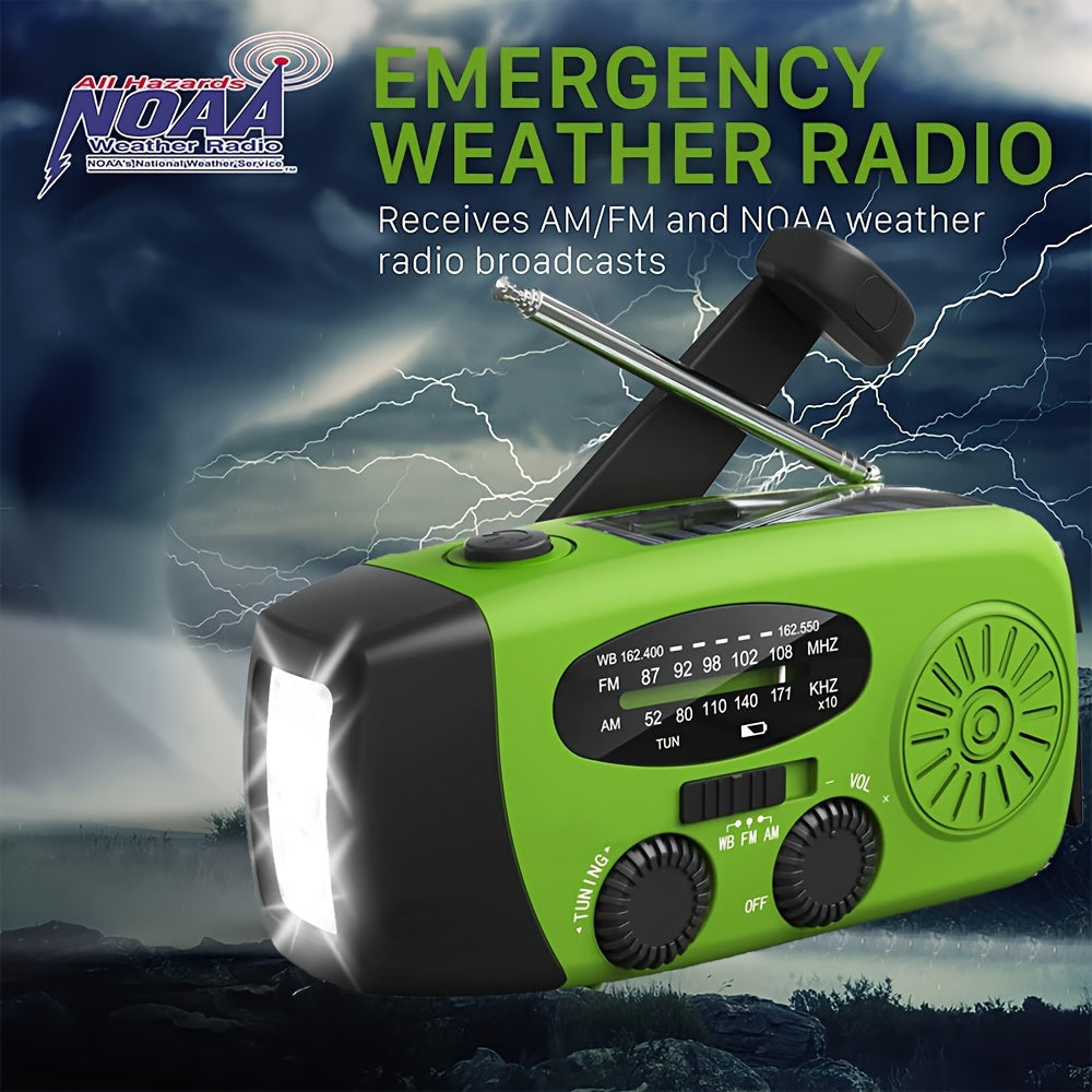 Compact Emergency Radio with 2000mAh Power Bank, Solar Power, Hand Crank and Built-in Flashlight for Outdoor Use