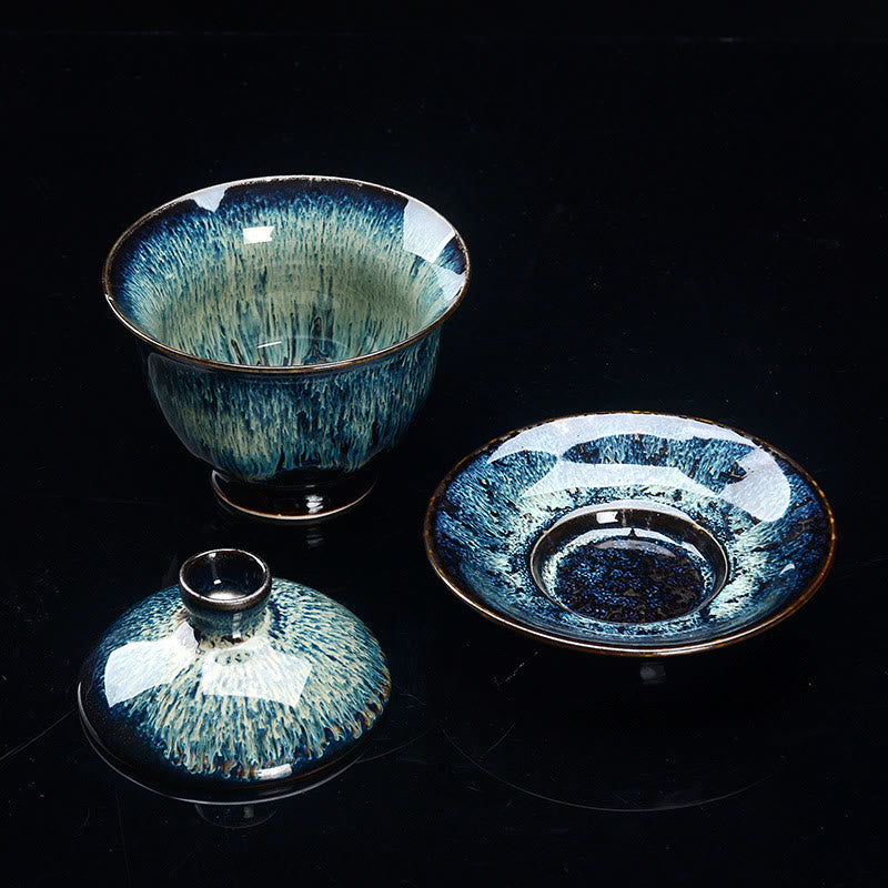 Vintage Kiln Ceramic Gaiwan Sancai Tea Cup Tea Cup and Saucer with Lid