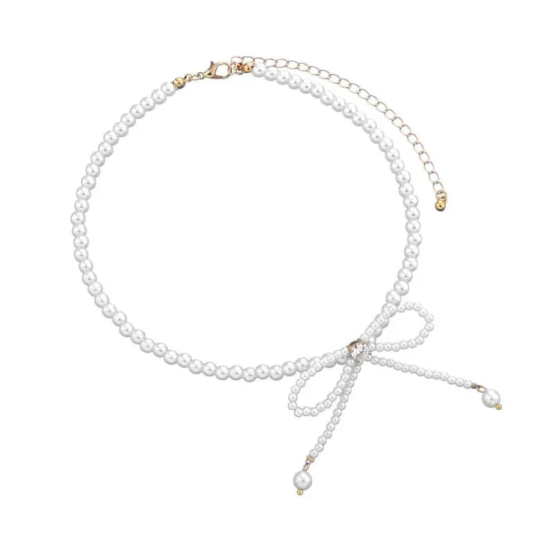 Dainty Beaded Pearl Bow Choker Necklace