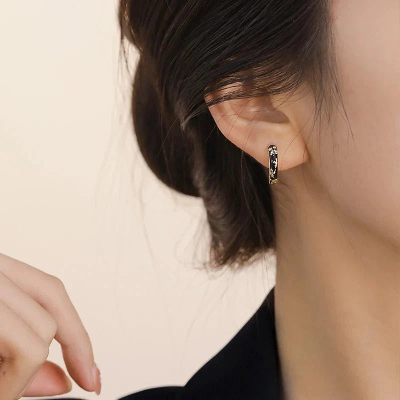 Dainty Black and Gold Floral Hoop Earrings