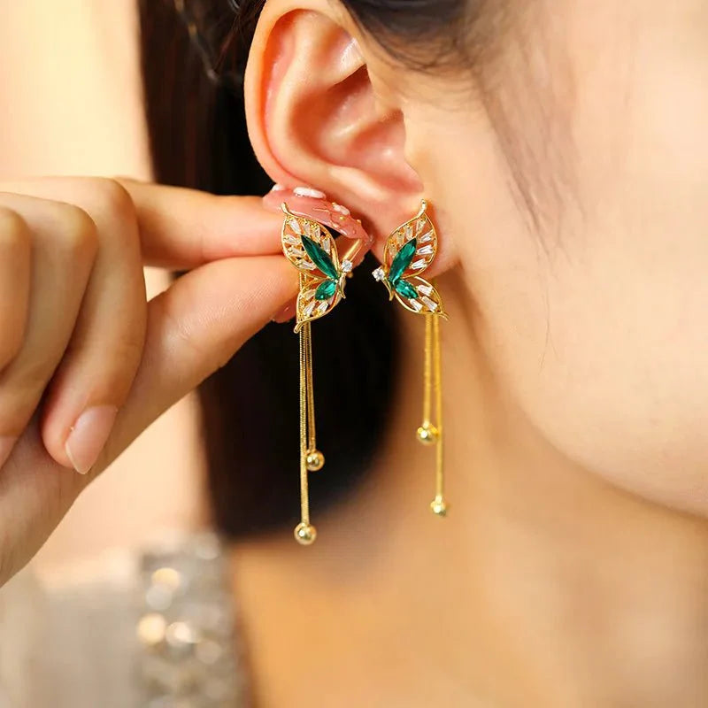 Dainty Emerald Butterfly Dangle Earrings