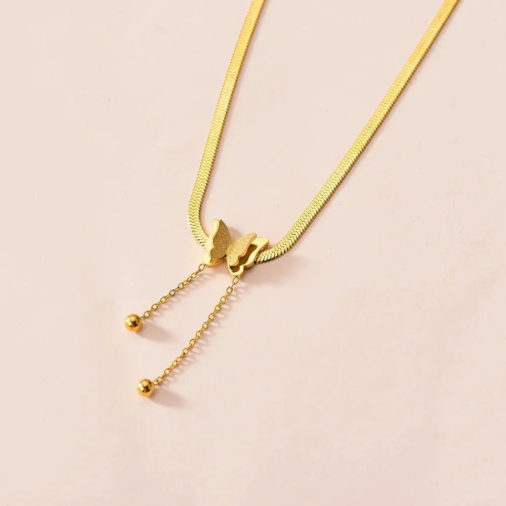 Dainty Herringbone Butterfly Dangle Necklace