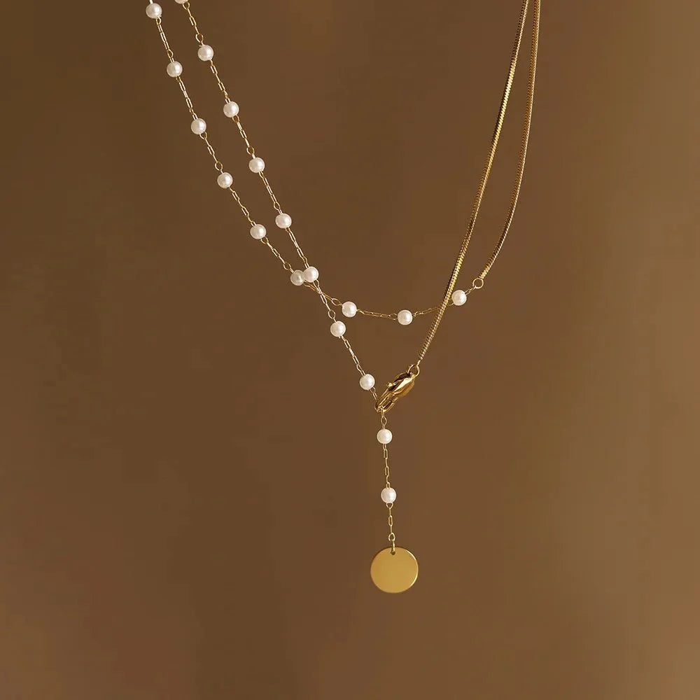 Dainty Layered Pearl Accented Herringbone Necklace