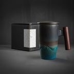 TeaCraft Ceramic Mug | Handmade | With Tea Infuser & Wooden Handle | Retro Design