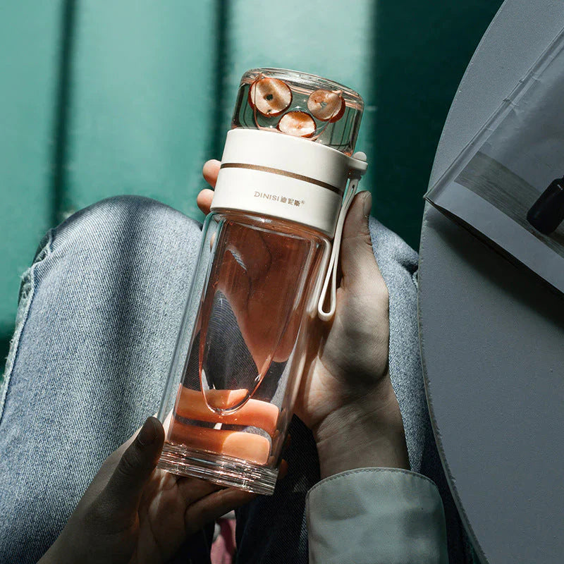 Double-walled glass bottle with tea strainer and infuser