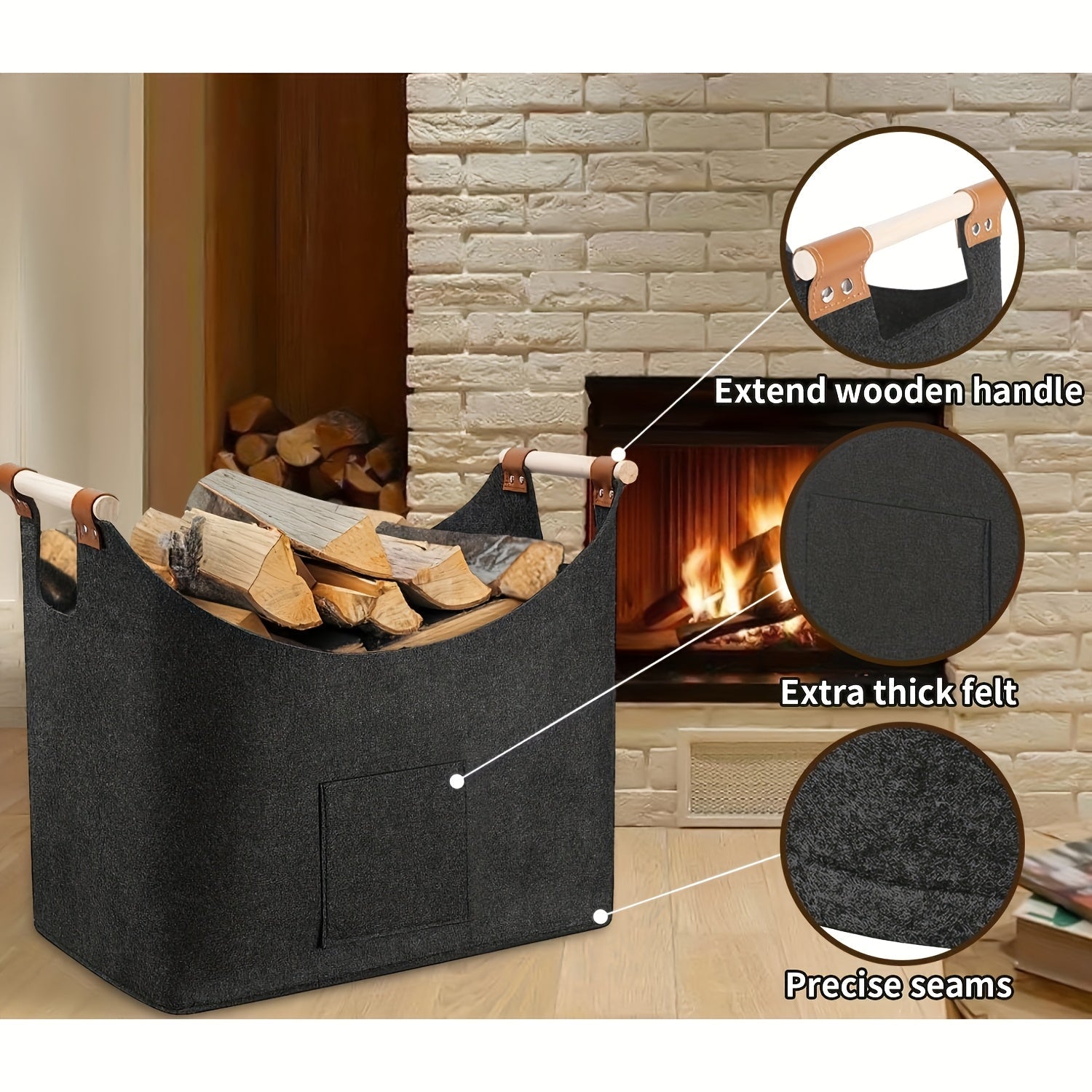 Felt log basket FELDURA | Collapsible | 55L volume | With wooden handles & leather details | Dark gray