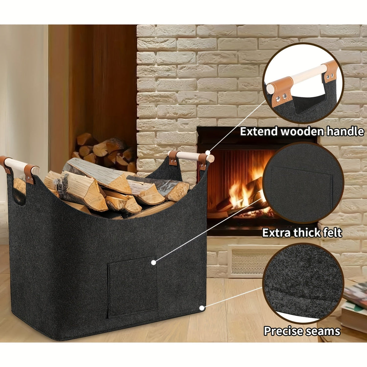 Feldura Foldable Felt Wood Holder 55 liters with Wooden Handles and Leather Accents, Dark Gray