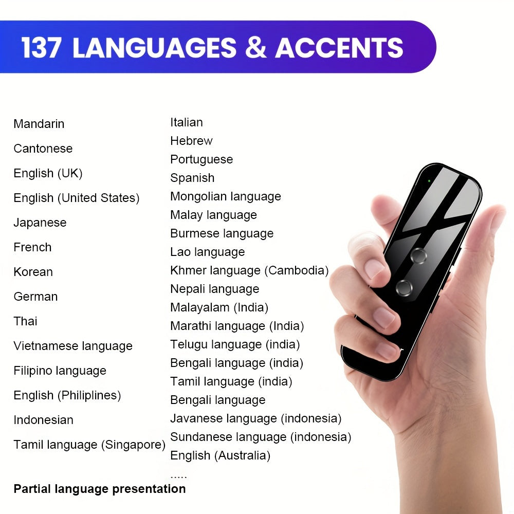 Portable Two-Way Language Translator with Built-In Wi-Fi and Rechargeable USB Battery - Compact Travel Device for Effortless Communication