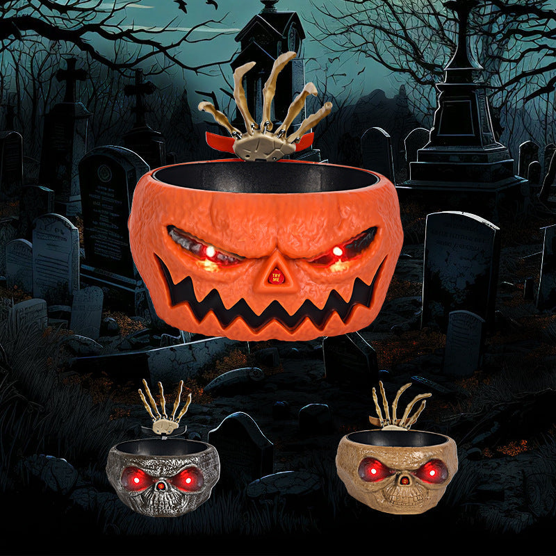 Halloween Candy Bowl – Motion Sensor Pumpkin Bowl with Skeleton Hand and Red Light Effects