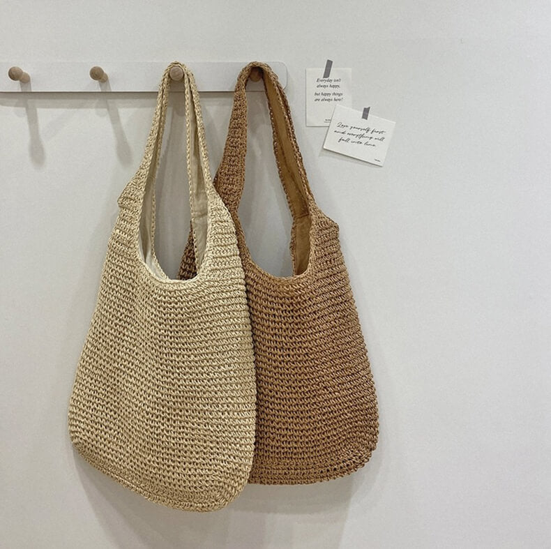 Women Straw Tote Bag Beige One Size Bohemian Beach Bag