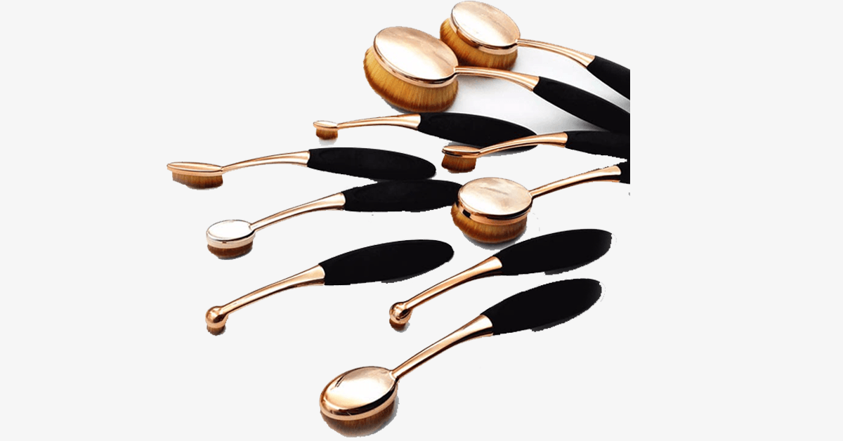 Professional versatile black and gold oval makeup brushes - Set of 10