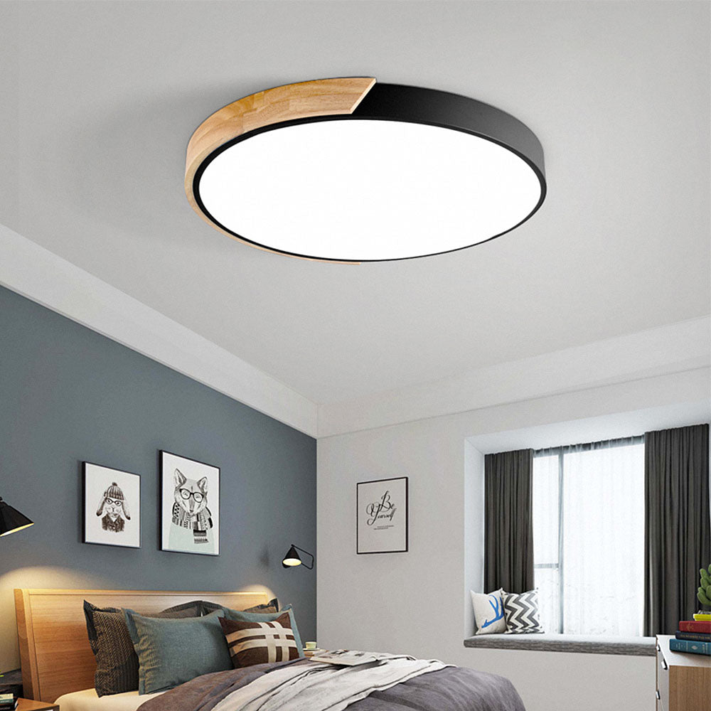 Minimalistic Round LED Ceiling Light with Wood Décor – Modern Design, Dimmable
