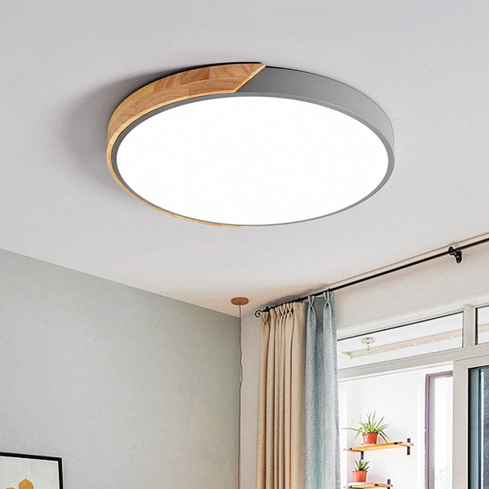 Minimalistic Round LED Ceiling Light with Wood Décor – Modern Design, Dimmable
