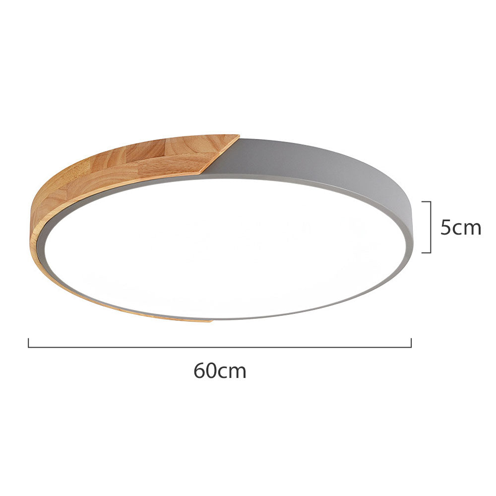 Minimalistic Round LED Ceiling Light with Wood Décor – Modern Design, Dimmable