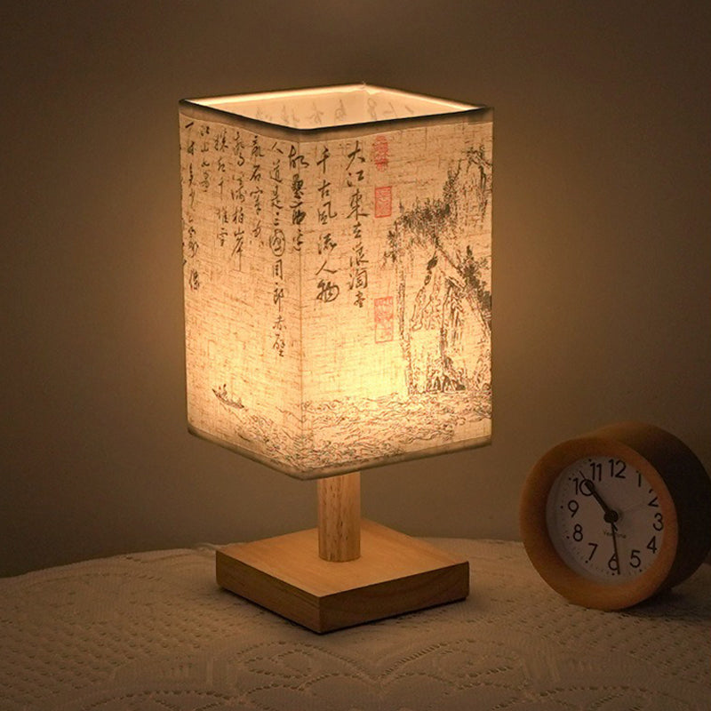 LED table lamp in a square design – wooden base with Japanese pattern