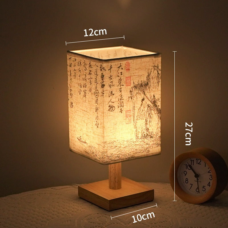 LED table lamp in a square design – wooden base with Japanese pattern