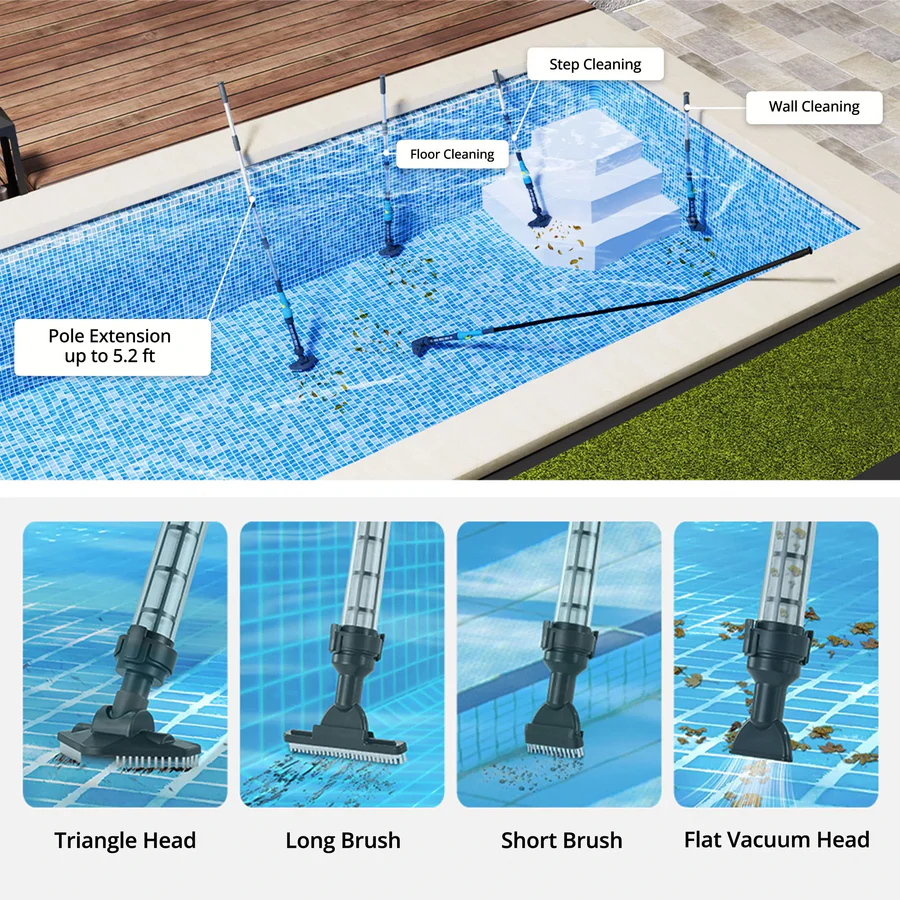 Cordless Pool Cleaner, Rechargeable with Interchangeable Heads
