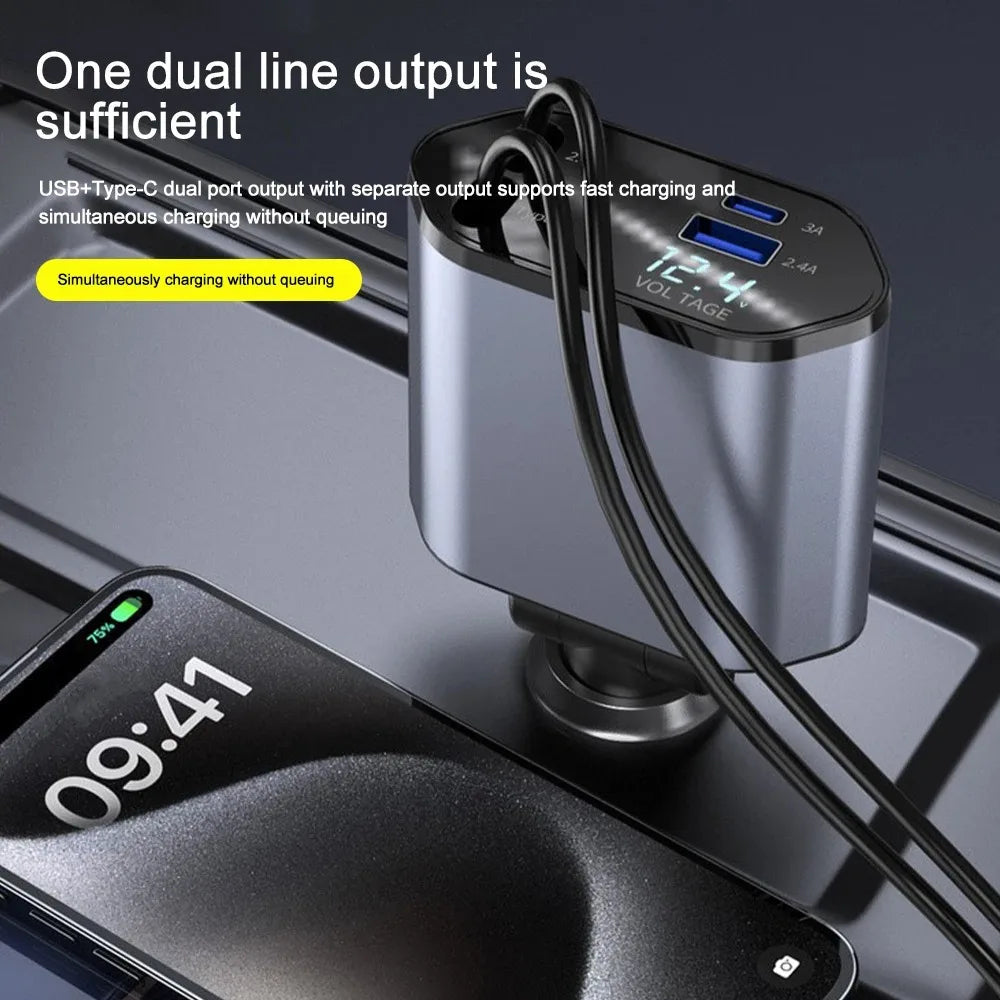 Foldable Car Charger with USB-C and USB-A – 120W Fast Charging