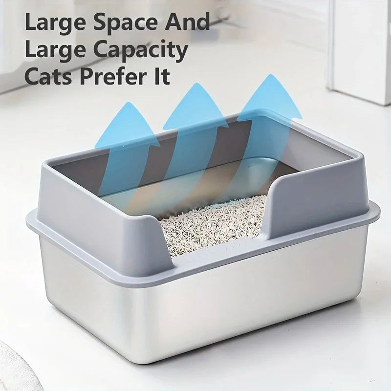 Stainless Steel Cat Litter Box | Non-Stick, High Wall Enclosure