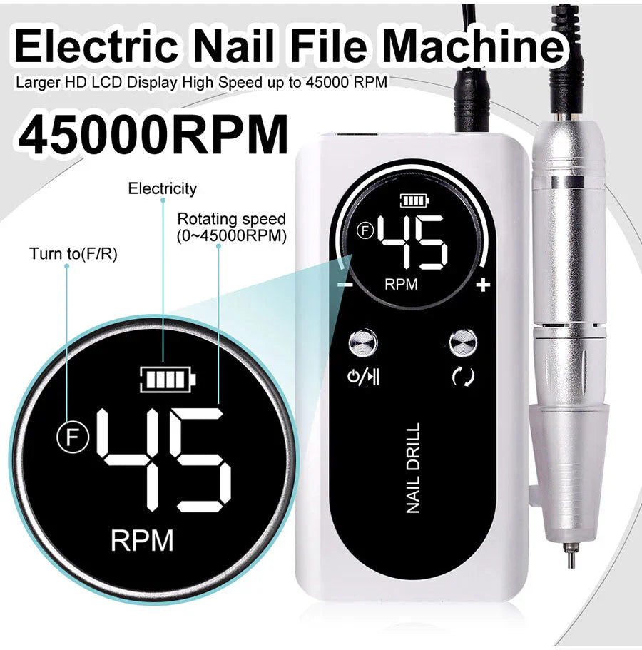 High Performance 45000RPM Portable Electric Nail File With Battery | Quiet Design for Professional Manicure