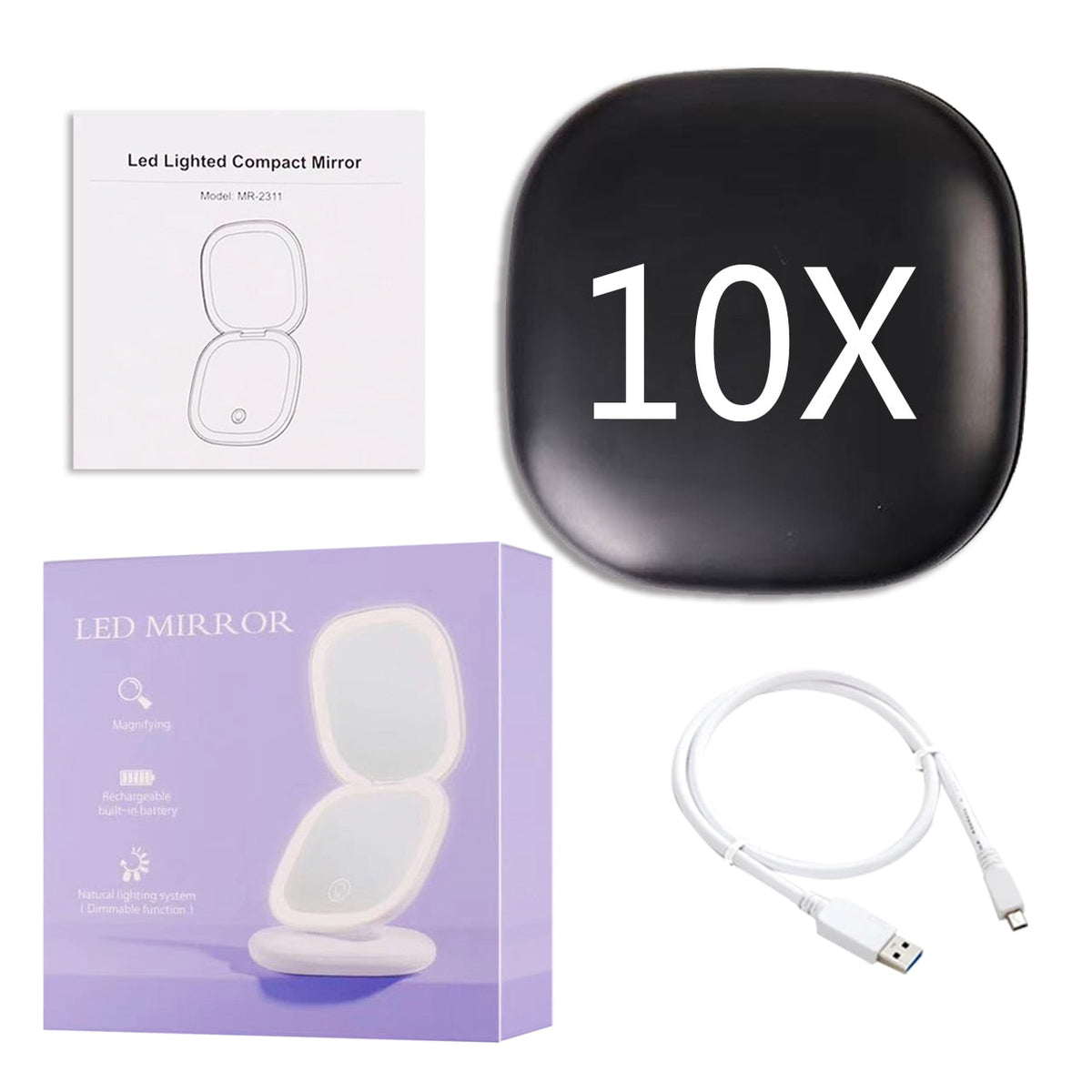 Mini LED 10x Magnification Cosmetic Mirror with Various Light Settings, USB Rechargeable