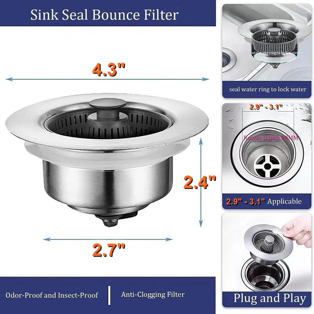 Kitchen Sink Drain Strainer and Stopper with 304 Stainless Steel Basket