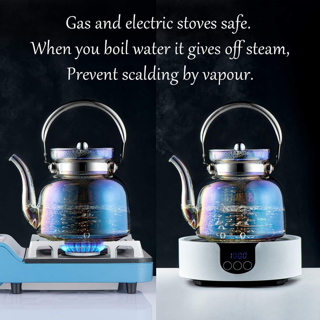 50 Oz(1500Ml) Glass Teapot with Lid, Removable Stainless Steel Tea Strainer and Handle, Stovetop Safe Tea Maker for Blooming and Loose Leaf Tea (Iridescent)