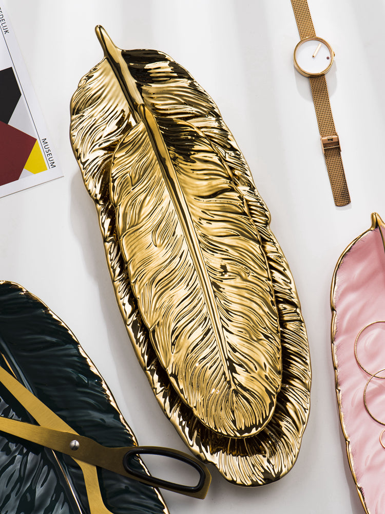 Nordic Light Luxury Style on Golden Feather Plate Retro Jewelry Plate Storage Plate Snack Plate Home Decor