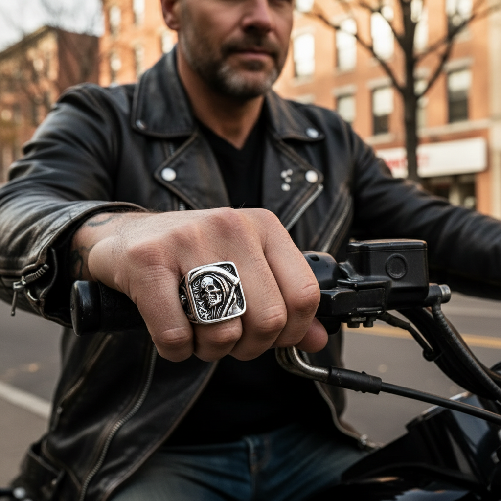 Grim Reaper Skull Ring for Men, Stainless Steel Punk Biker Jewelry