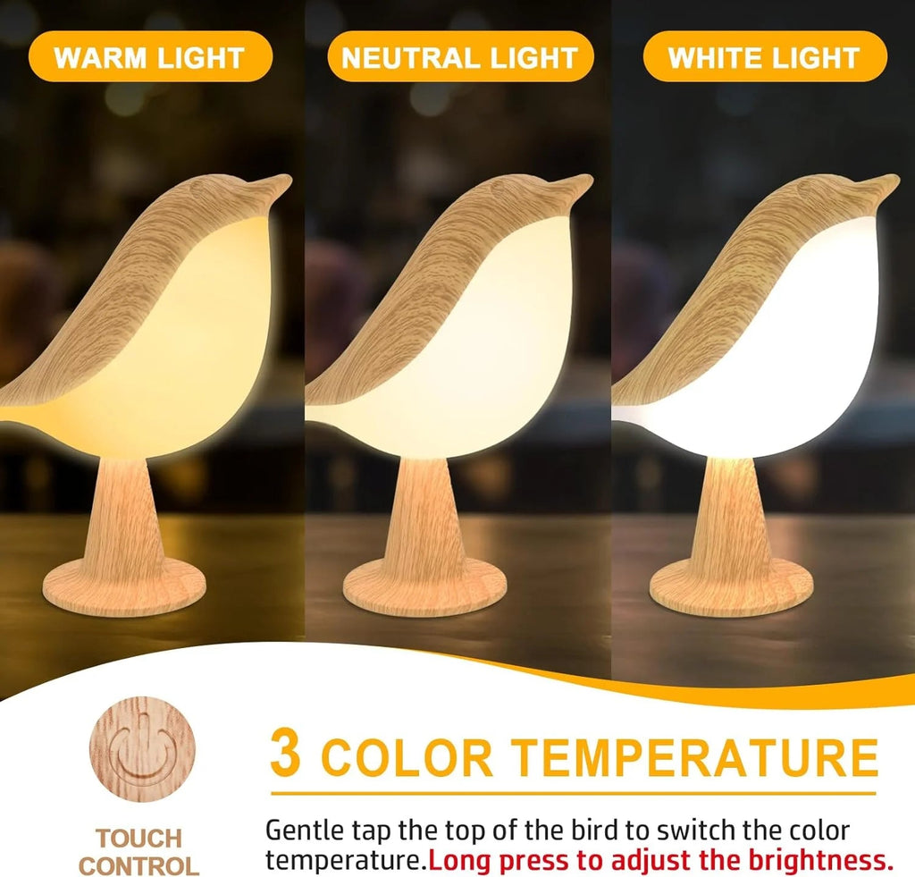 Touch-Control Wooden Bird Night Light - Rechargeable LED Bedside Lamp
