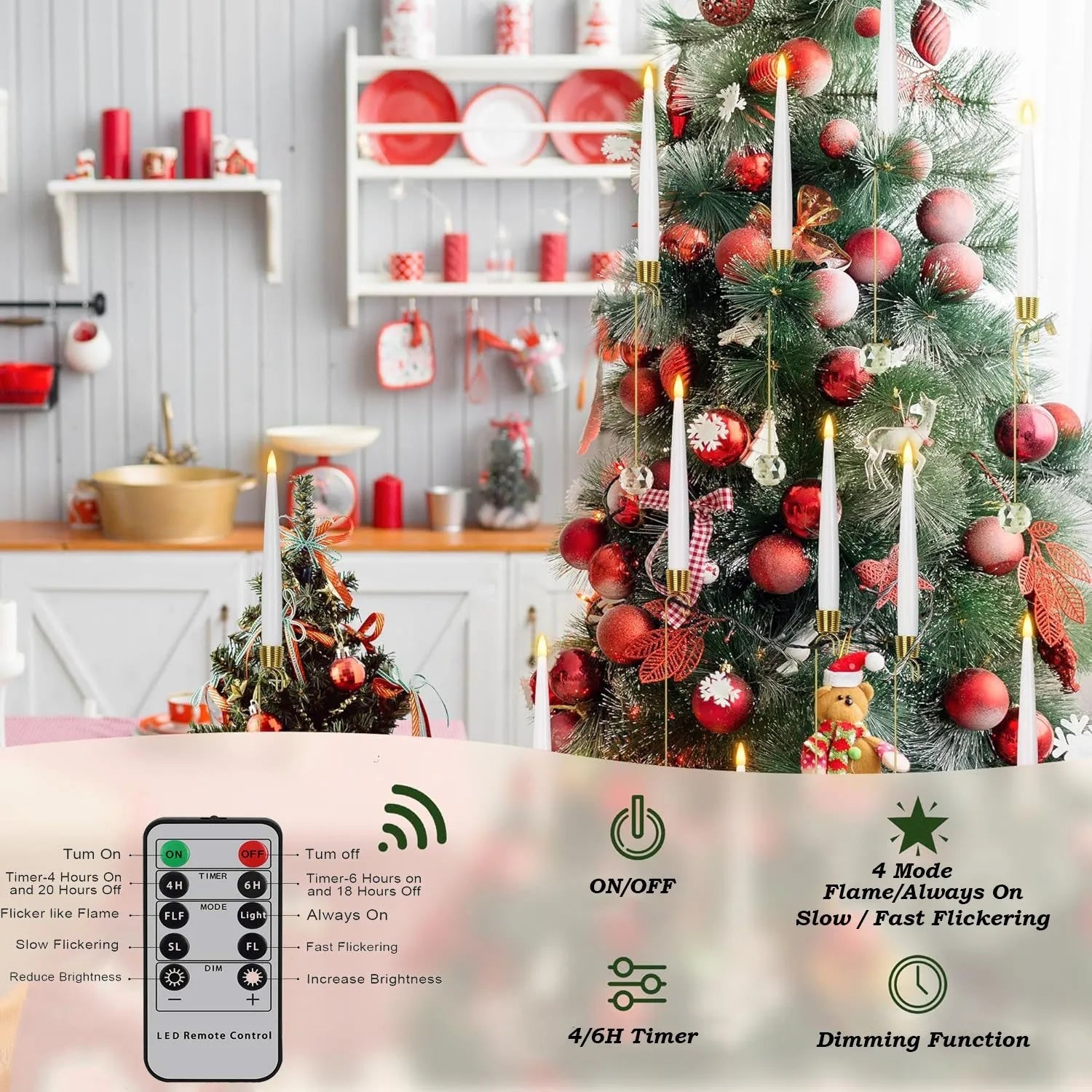Christmas Tree LED Candle Set | 12 Pieces with Remote Control & Timer | Warm White Flicker | Flameless & Safe