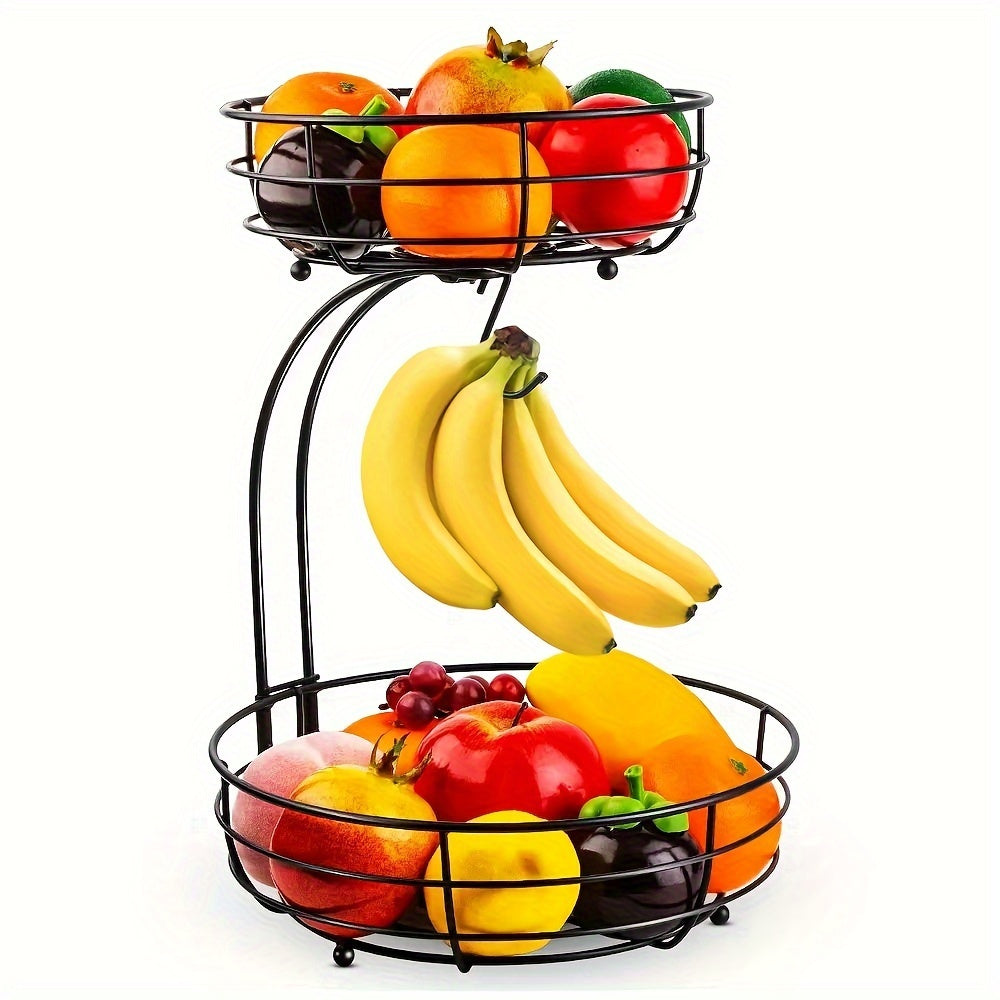2-Layer Oval Fruit Basket with Banana Holder – Metal Kitchen Organizer