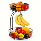 2-Layer Oval Fruit Basket with Banana Holder – Metal Kitchen Organizer