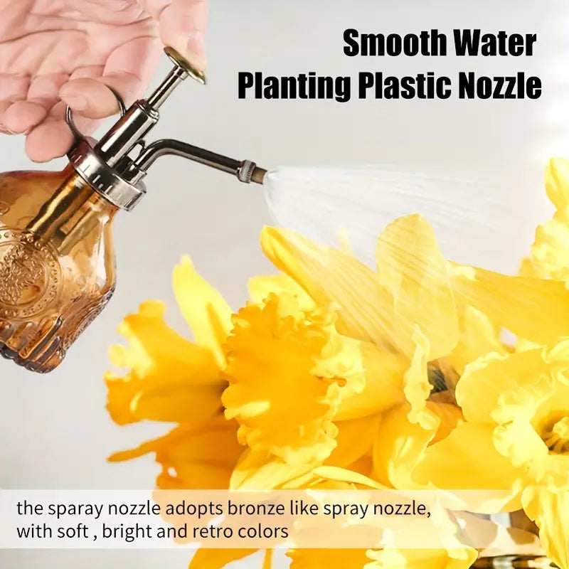 Embossed glass bottle with metal nozzle – Plant sprayer for flower watering in vintage design