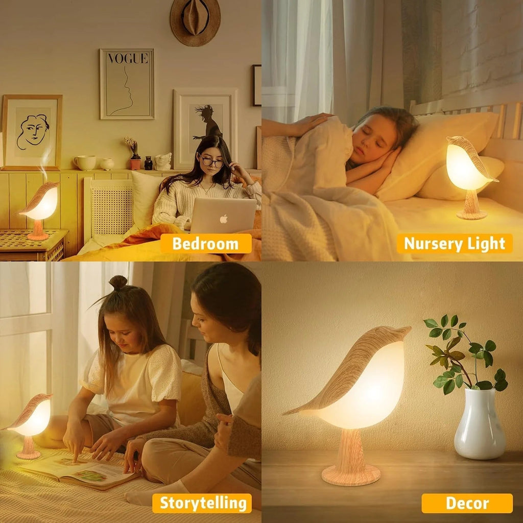 Touch-Control Wooden Bird Night Light - Rechargeable LED Bedside Lamp