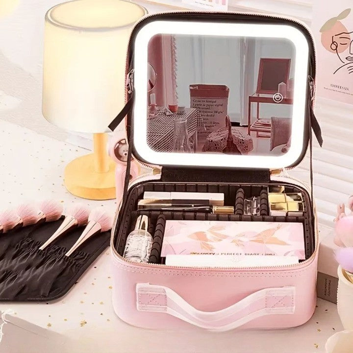 LED Mirror Travel Makeup Organizer Bag