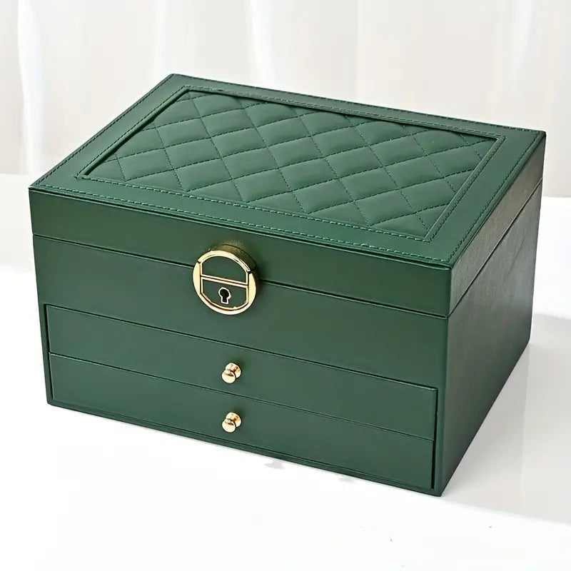 Lockable Leather Jewelry Box with Multi-Layer Storage