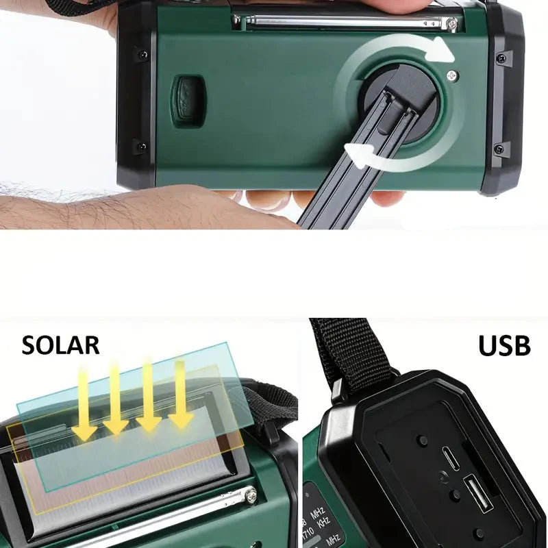 Solar emergency radio with power bank – crank radio with LED flashlight for camping & outdoor