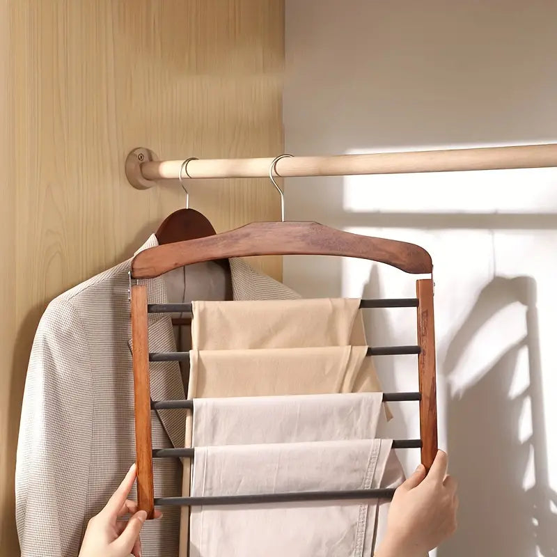 Space-saving wooden multi-pants hanger