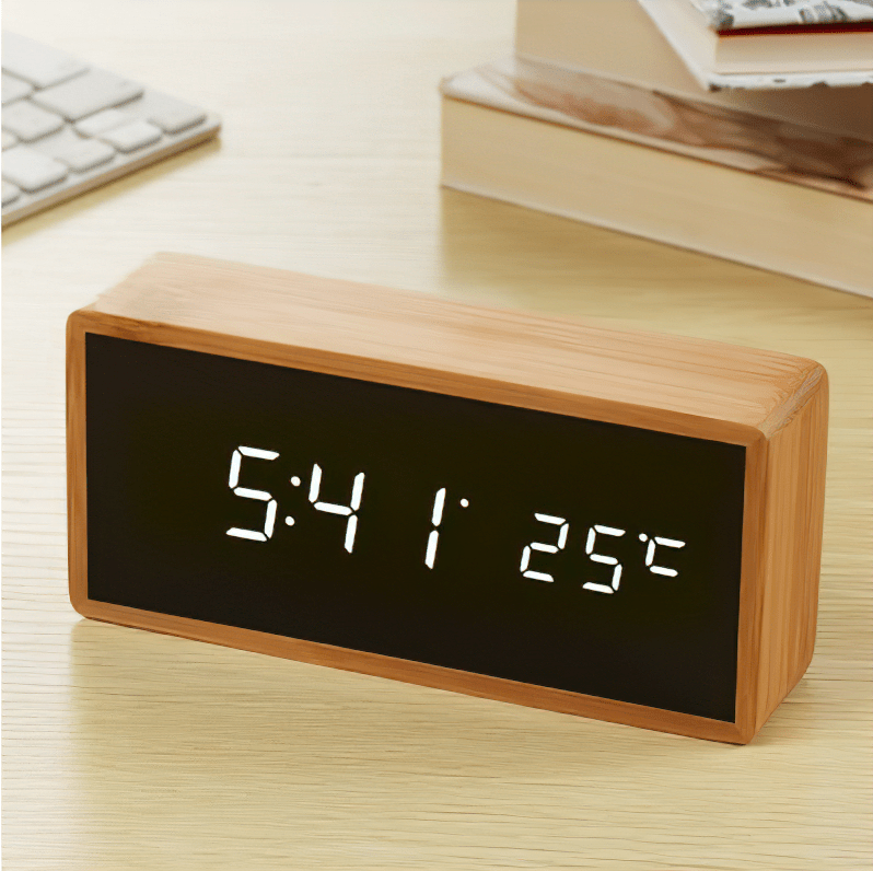 ECOCLOCK – Bamboo LED Alarm Clock with Time and Temperature Display