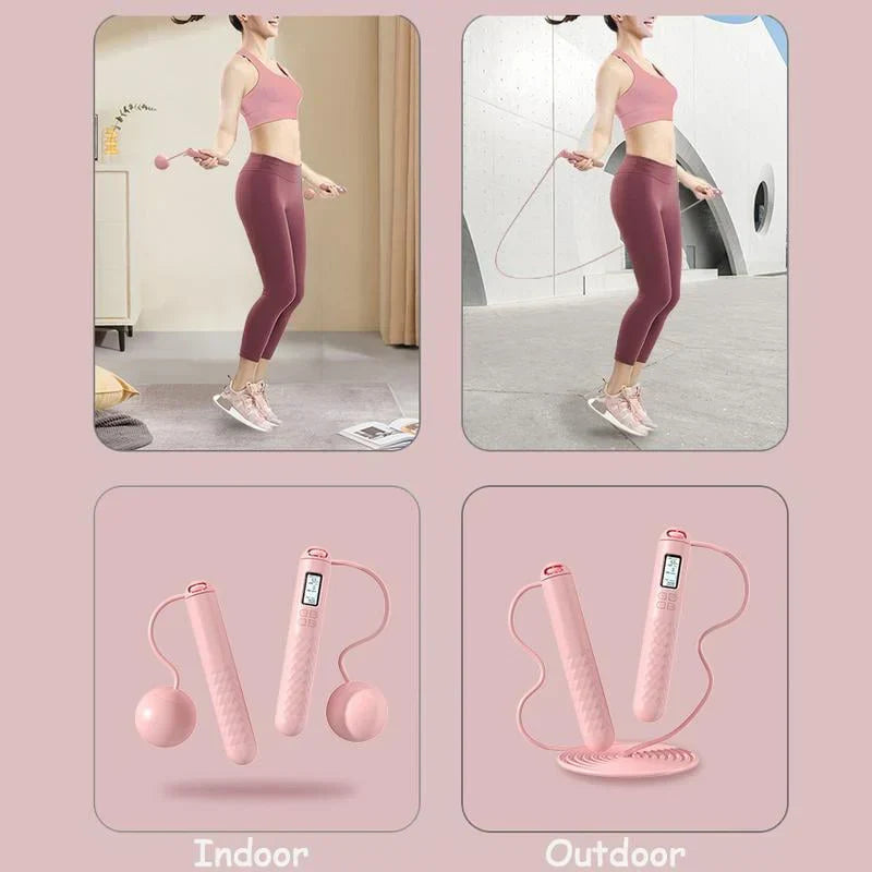 Battery-operated skipping rope with counter and weight balls