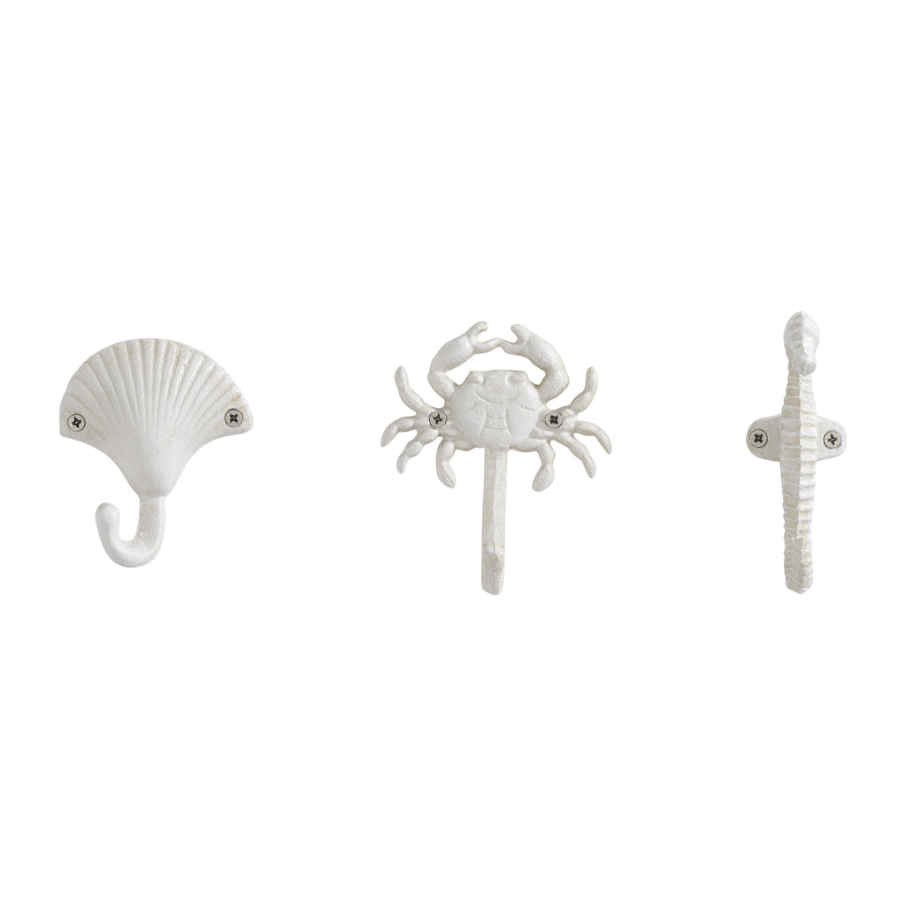 White Cast Iron Nautical Ocean Figure Sculpture Decorative Utility Wall Hook Set of 3 - Shell, Crab, Seahorse