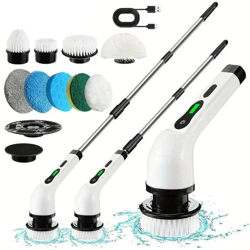 Electric Rotating Scrubber with Replaceable 8 Brush Heads and Adjustable Extension Handle